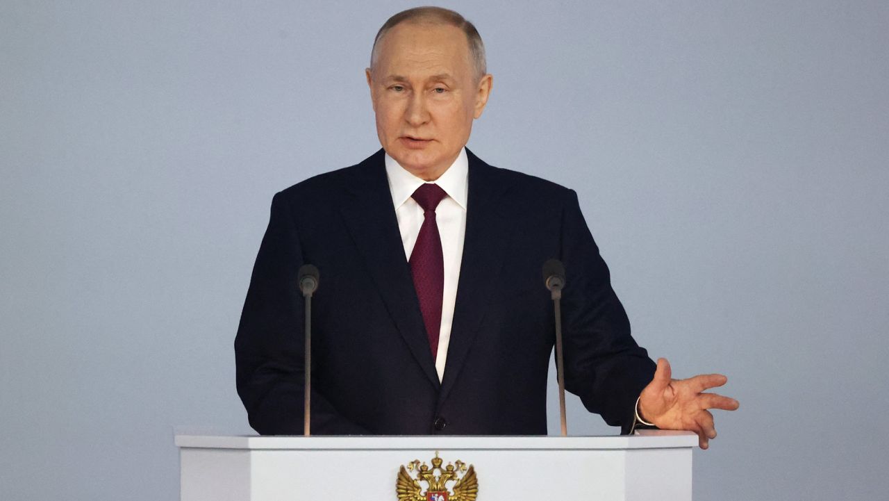 Russian President Vladimir Putin delivers his annual state of the nation address at the Gostiny Dvor conference centre in central Moscow on February 21, 2023. (Photo by Pavel BEDNYAKOV / SPUTNIK / AFP) (Photo by PAVEL BEDNYAKOV/SPUTNIK/AFP via Getty Images)
