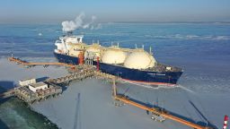 The liquefied natural gas (LNG) cargo ship 'Cygnus Passage' from Russia at a terminal operated by China Petrochemical Corporation (Sinopec Group) on January 7, 2021, in Tianjin, China. 