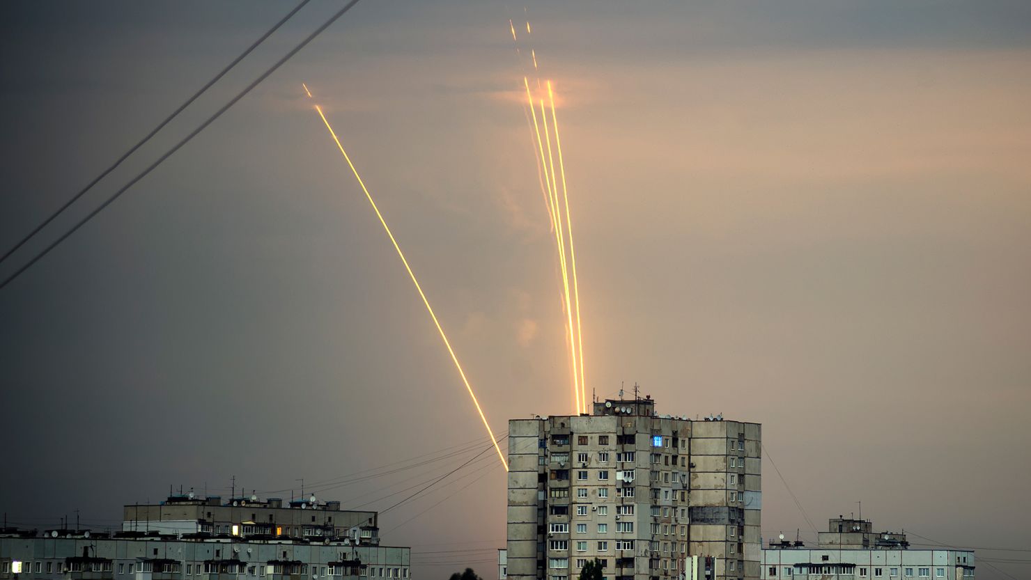 Russian rockets launched against Ukraine from Russia's Belgorod region are pictured at dawn in Kharkiv, Ukraine, Aug. 15, 2022. 