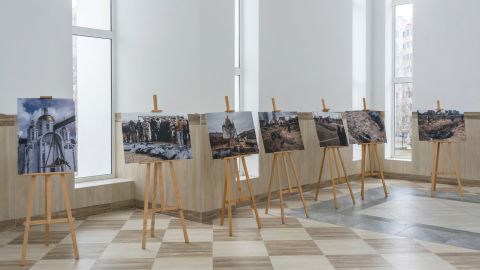 An exhibition of pictures is seen in a hall in the Church of St. Andrew.