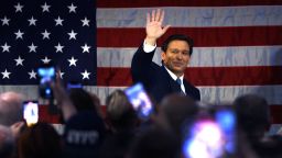Florida Gov. Ron DeSantis waves as he speaks to police officers about protecting law and order at Prive catering hall on February 20, 2023, in the Staten Island borough of New York City. 