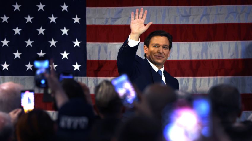 NEW YORK, NEW YORK - FEBRUARY 20: Florida Gov. Ron DeSantis waves as he speaks to police officers about protecting law and order at Prive catering hall on February 20, 2023 in the Staten Island borough of New York City. DeSantis, a Republican, is expected by many to announce his candidacy for president in the coming weeks or months.  (Photo by Spencer Platt/Getty Images)