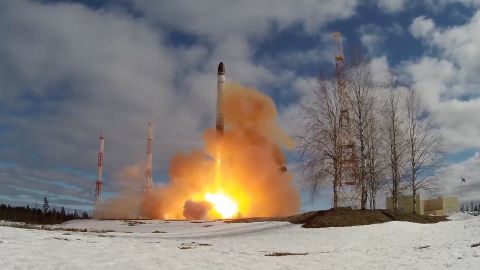 This image released by Russia Ministry of Defense on Wednesday, April 20, 2022 shows the first launch of its new Sarmat super-heavy, land-based intercontinental ballistic missile, from a silo at the Plesetsk state testing cosmodrome in Arkhangelsk Region.