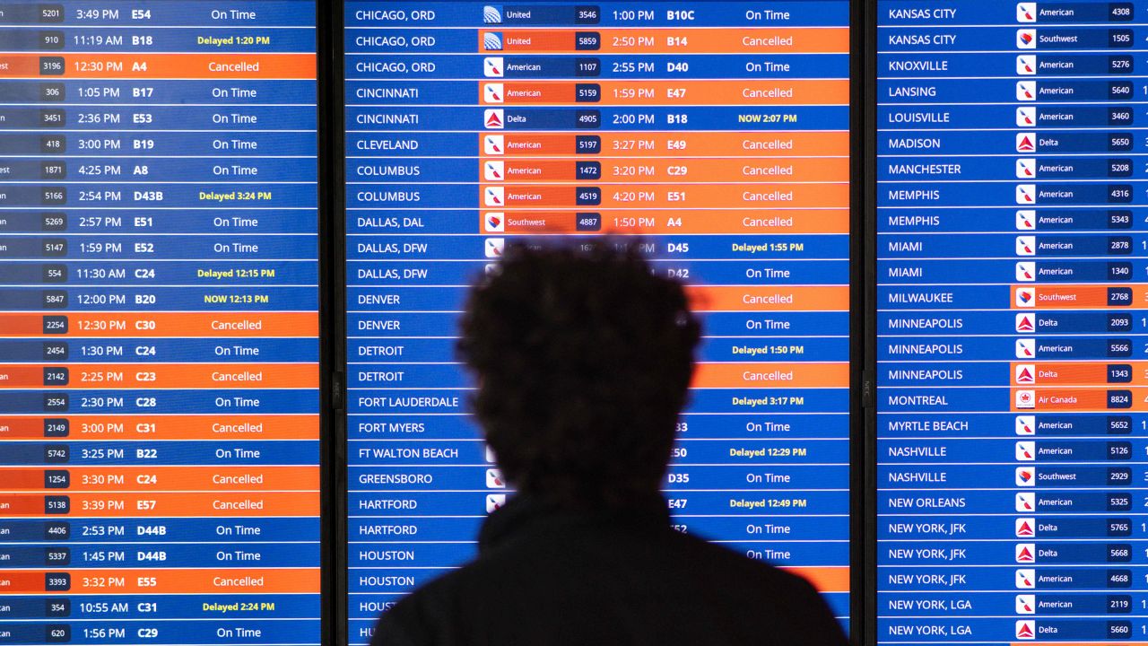 Travelers look at an information board showing flight cancellations and delays at Reagan National airport during a winter storm ahead of the Christmas holiday in Arlington, Virginia, on December 23, 2022. - A historic and brutal winter storm put some 240 million Americans under weather warnings as the United States faced holiday travel chaos, with thousands of flights canceled and major highways closed.