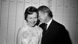 Georgia State Sen. Jimmy Carter hugs his wife, Rosalynn, at his Atlanta campaign headquaters September 15, 1966 after making a strong showing in Wednesday's primary election, September 14, 1966, in the race for the Democratic nomination for governor of Georgia.   In late returns, Carter and businessman Lester Maddox were in a tight race for the runoff spot against former Gov. Ellis Arnall for the Democratic nomination.                                         (AP Photo)