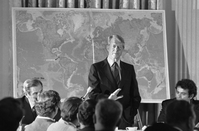 Carter meets with civic leaders from Georgia and Florida to explain his new Panama Canal treaty in August 1977.