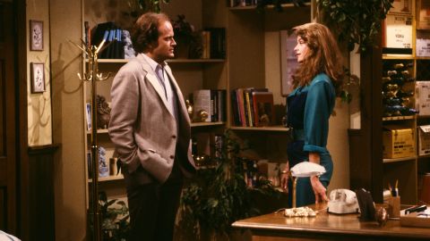 Kelsey Grammer as Dr. Frasier Crane, Kirstie Alley as Rebecca Howe in 'Cheers,' 1987.