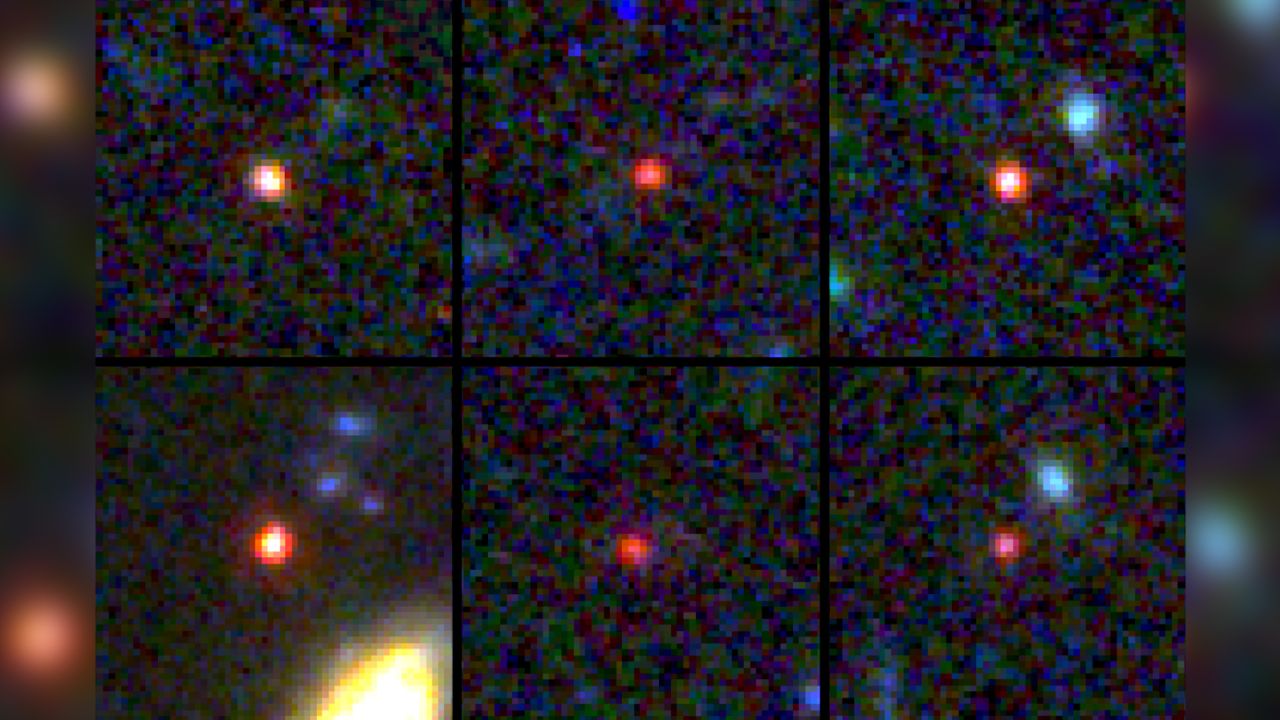 Webb captured images of the six massive galaxies. One of them (bottom left) could contain as many stars as our Milky Way galaxy, but it is 30 times more compact. 