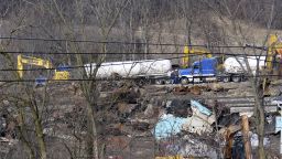 Workers continue to clean up remaining tank cars, Tuesday, Feb. 21, 2023, in East Palestine, Ohio, following the Feb. 3 Norfolk Southern freight train derailment. 