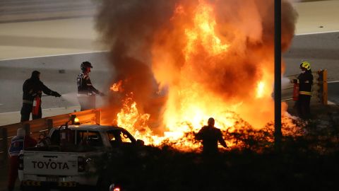 Grosjean's car was engulfed in flames after his crash in Bahrain. 