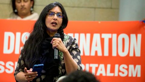Seattle Council Member Kshama Sawant talks to supporters after the passage of an ordinance that explicitly bans caste discrimination in the city.