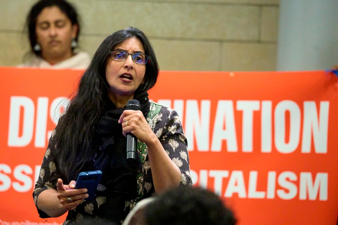 Seattle Council Member Kshama Sawant talks to supporters after the passage of an ordinance that explicitly bans caste discrimination in the city.