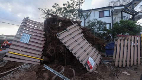 A damaged fence is seen after a large tree was blown into an apartment building during a winter storm in San Diego, California, on Tuesday, February 22.