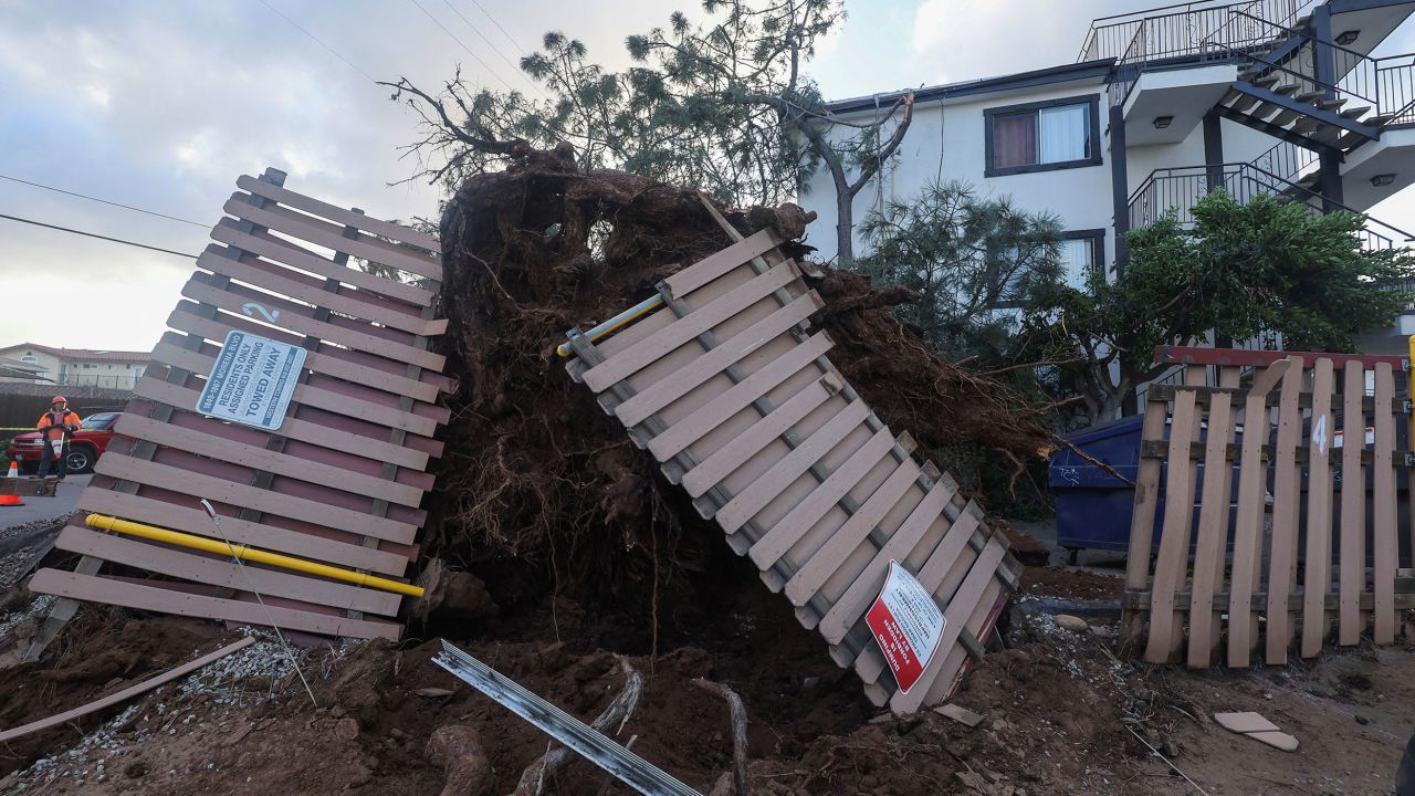 A damaged fence is seen after a large tree was blown into an apartment building during a winter storm in San Diego, California, on Tuesday, February 22.