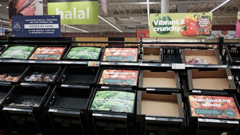 Empty shelves of fruits and vegetables at an Asda store in London on February 21, 2023. 