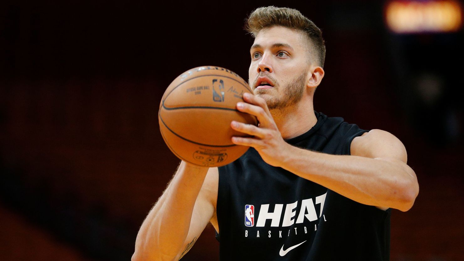 Meyers Leonard warms up prior to the game between the Miami Heat and the Houston Rockets at American Airlines Arena on October 18, 2019 in Miami.