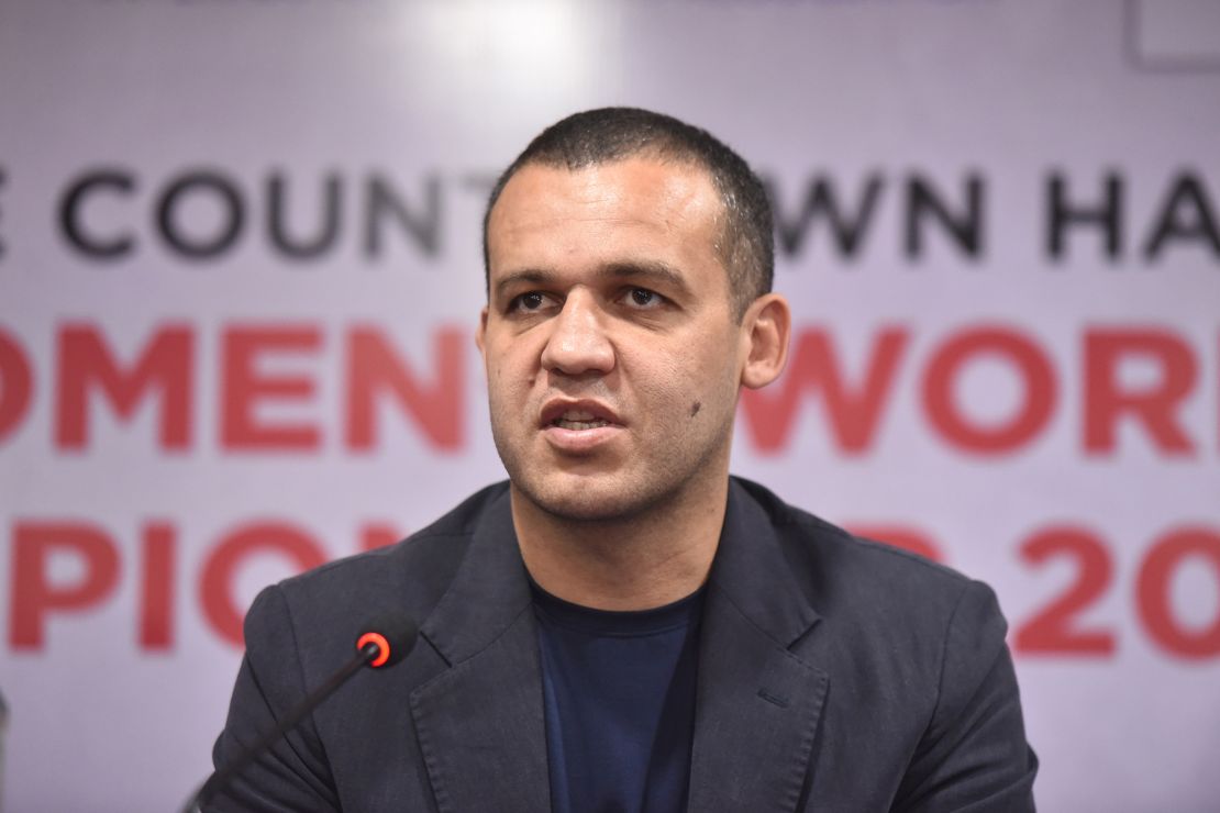 IBA president Umar Kremlev speaks at a press conference ahead of the 2023 Women World Boxing Championship. 