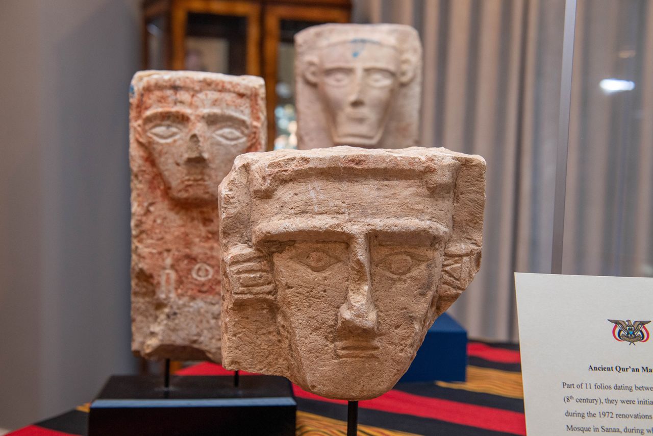 Stone stelae on display at a repatriation ceremony, hosted by Yemen's embassy in Washington, D.C. on Tuesday.