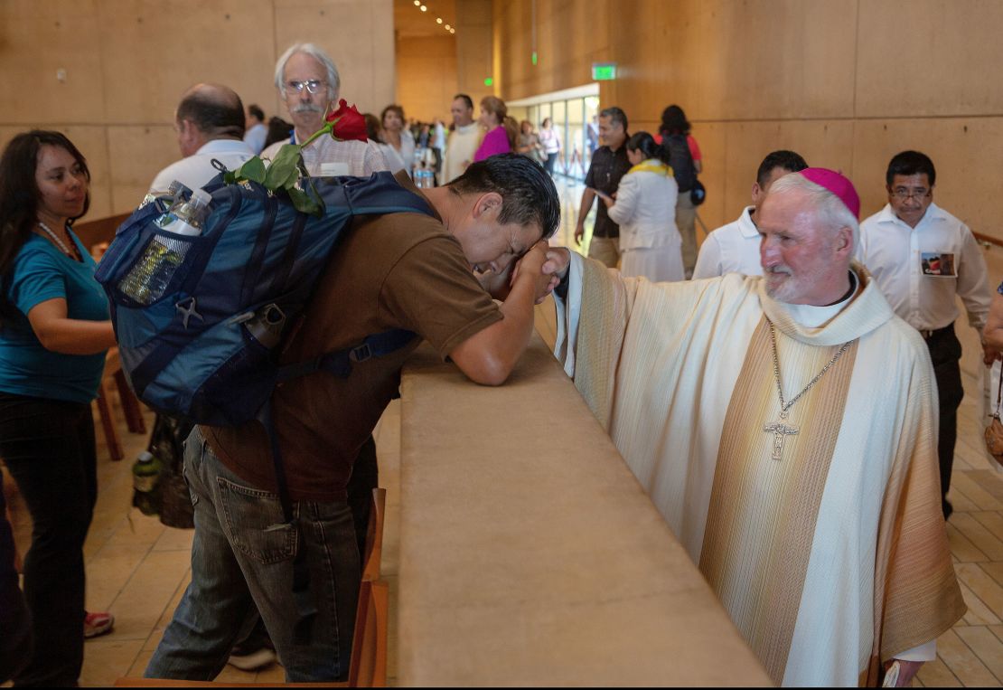 Auxiliary Bishop David O'Connell, right, is seen at a Mass inthe Los Angeles Cathedral of Our Lady of Angels in Junse 2018. 
