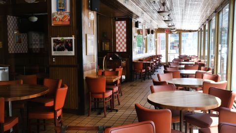 A restaurant stands empty and closed in Brooklyn, New York in 2020.