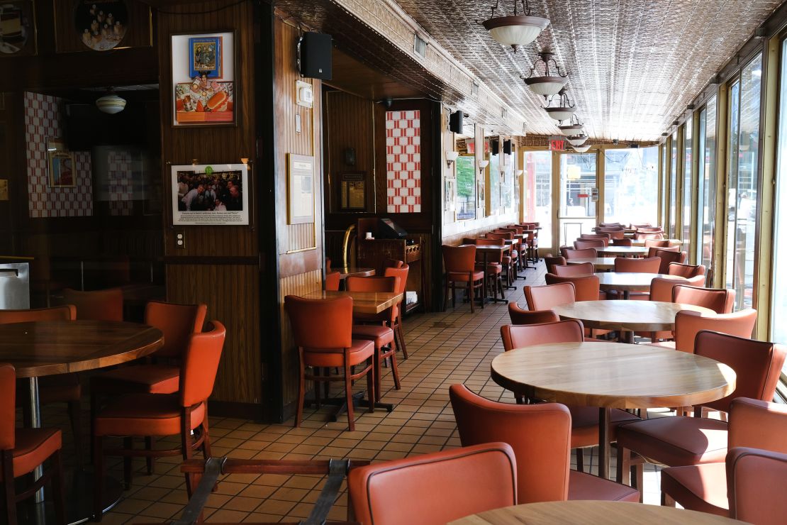 A restaurant stands empty and closed in Brooklyn, New York in 2020.