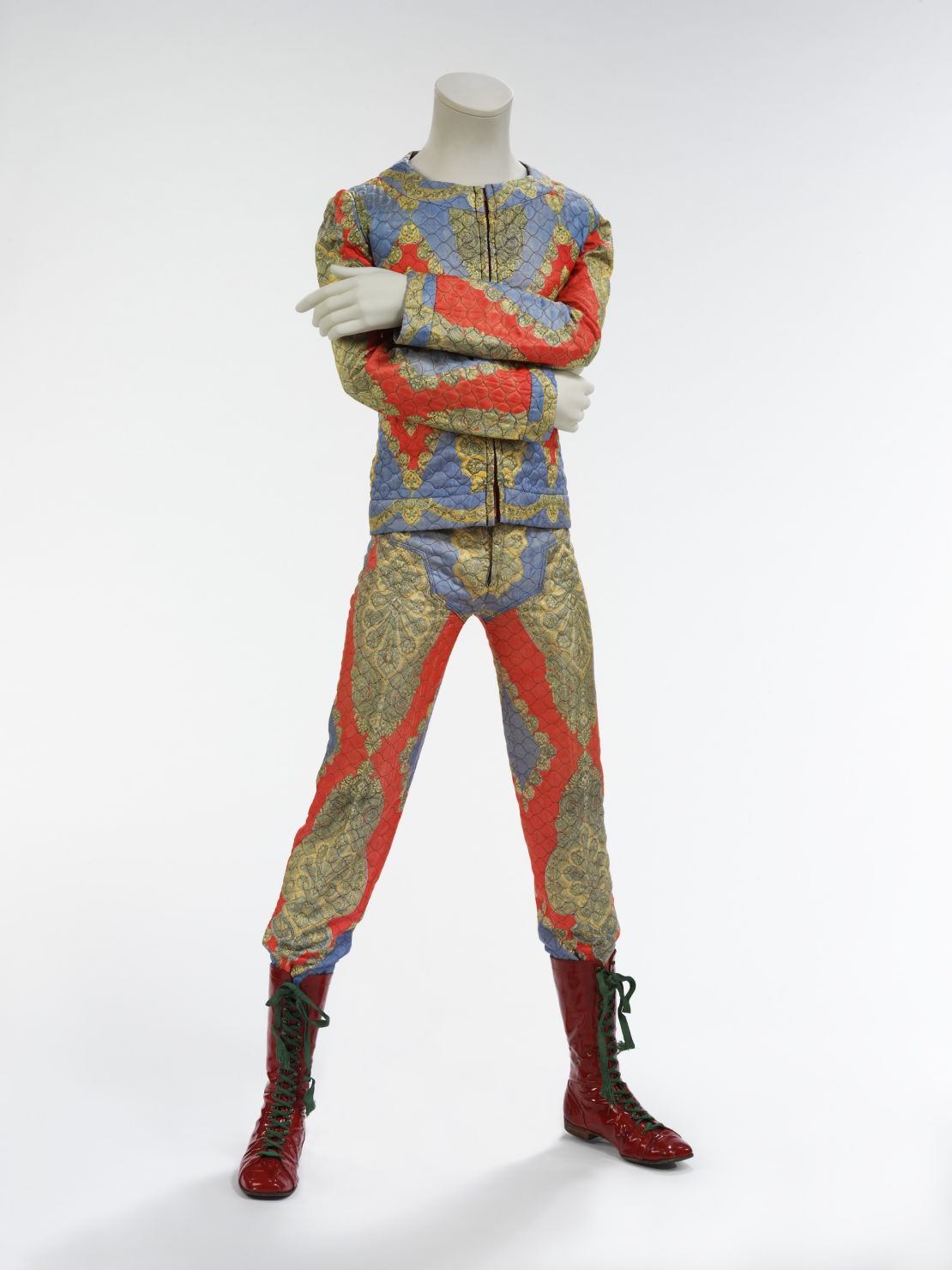 This quilted two-piece suit designed by Freddie Burretti for the "Ziggy Stardust" tour of 1972 will also be on show.