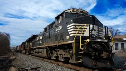 A Norfolk Southern freight train passes passes through East Palestine, Ohio, on Thursday, February 9, 2023. 