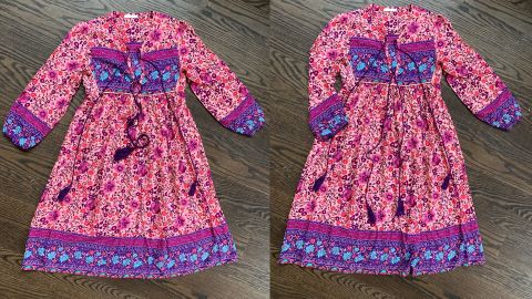 underscored R.Vivimos Women's Long-Sleeve Floral Print Retro V-Neck Tassel Bohemian Midi Dress