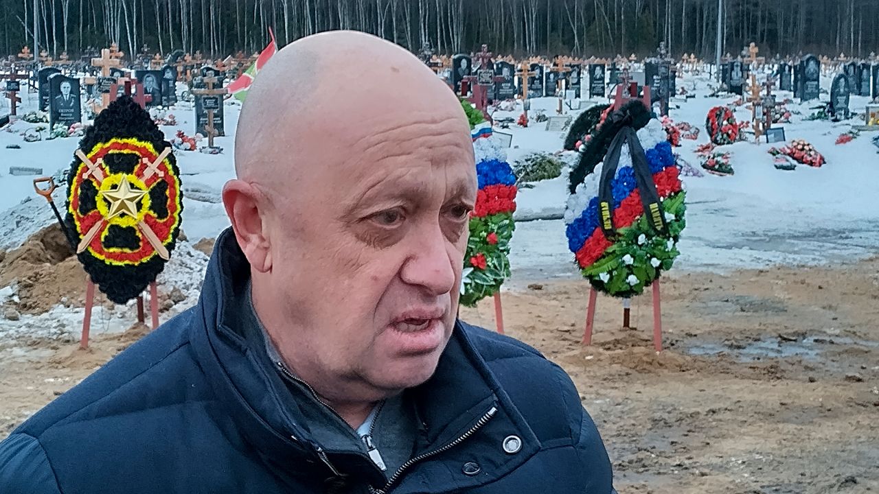 Prigozhin, who has openly taken credit for Wagner's efforts to gain territory in the war in Ukraine, attends the funeral of a mercenary at a cemetery outside St. Petersburg, Russia, on December 24, 2022.