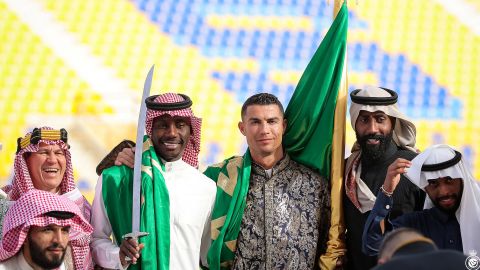 Soccer star Cristiano Ronaldo celebrates Saudi Arabia's Founding Day, wearing local traditional clothes at Al-Nassr Football Club in Riyadh, Saudi Arabia, on Wednesday. 