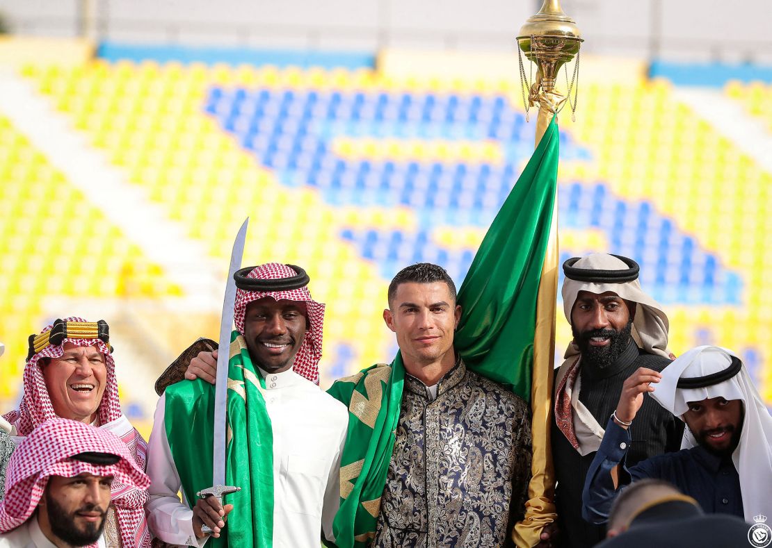 Soccer star Cristiano Ronaldo celebrates Saudi Arabia's Founding Day, wearing local traditional clothes at Al-Nassr Football Club in Riyadh, Saudi Arabia, on Wednesday. 
