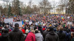 TOPSHOT - People take part in a protest against the Moldovan Government and their pro-EU President in Chisinau on February 19, 2023. - A couple of thousands of protesters gathered in downtown Chisinau answering the call made by "SOR" Party, as tension run high in pro-Western Moldova after allegations of Moscow's attempts to destabilise the country came to light last week. Facing multiple crises aggravated by Russia's war in Ukraine, the impoverished former Soviet republic of 2.6 million people wedged between Romania and Ukraine, Moldova is already wrestling with an energy crisis prompted by supply cuts from Russia's targeting of Ukraine's energy infrastructure, and tensions have flared up due to missile overflights connected to the war in Ukraine. (Photo by Elena COVALENCO / AFP) (Photo by ELENA COVALENCO/AFP via Getty Images)