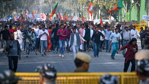 Supporters of Bhartiya Janta Party protest against Congress leader Pawan Khera for allegedly insulting Prime Minister Narendra Modi at Janpath Road on February 21, 2023 in New Delhi, India. 