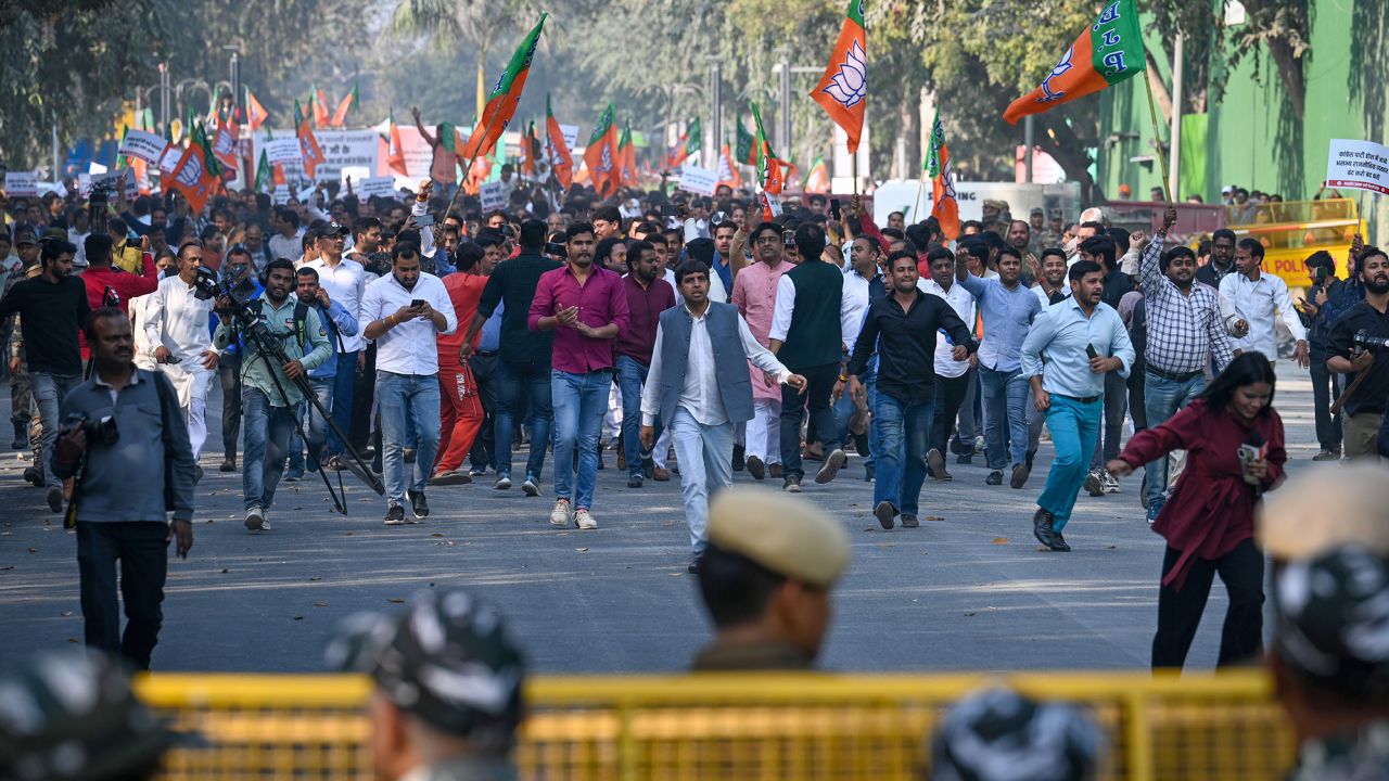 Bharatiya Janata Party supporters protest against Congress leader Pawan Khera for allegedly insulting Prime Minister Narendra Modi in New Delhi, India, on February 21, 2023.