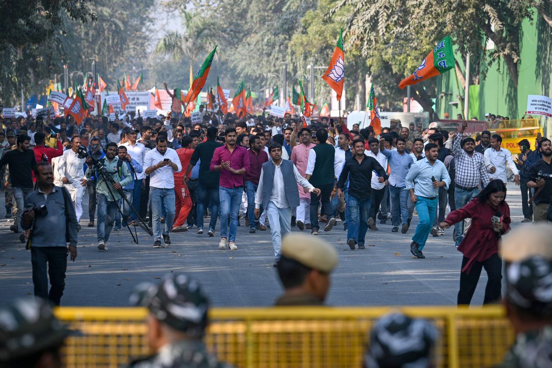 Supporters of Bhartiya Janta Party protest against Congress leader Pawan Khera for allegedly insulting Prime Minister Narendra Modi at Janpath Road on February 21, 2023 in New Delhi, India. 