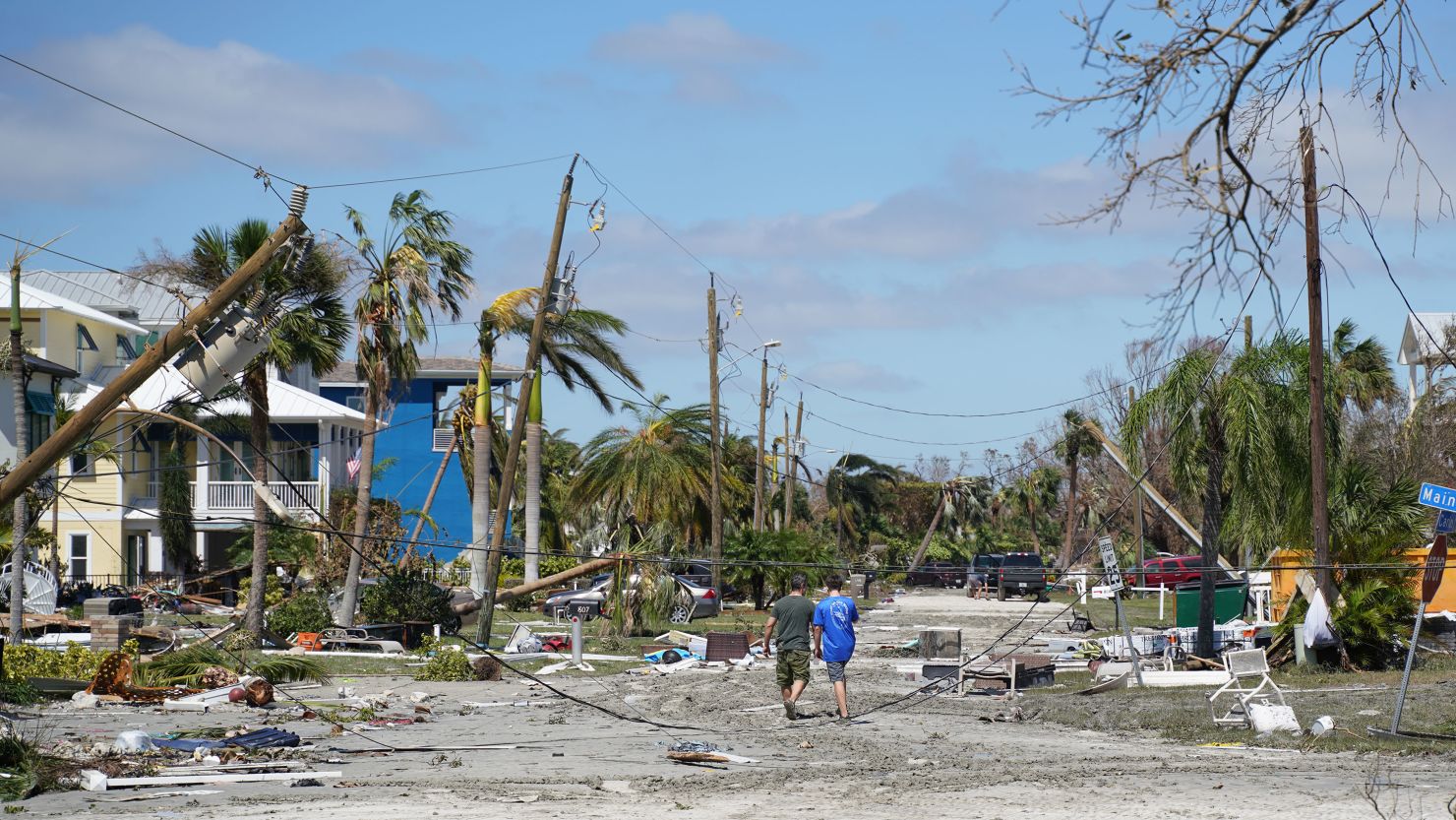 A neighborhood in Fort Myers, Florida, in September 2022 showing the damage left by Hurricane Ian's high storm surge and devastating winds.