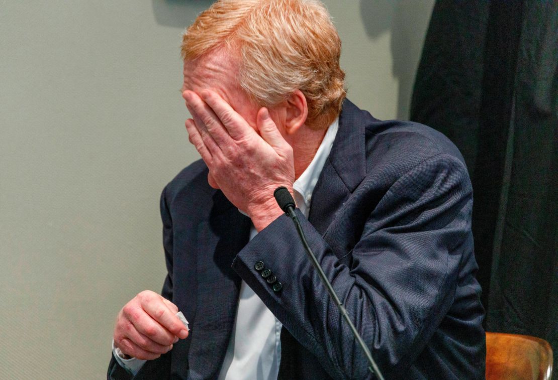 Alex Murdaugh cries during his testimony in his murder trial at the Colleton County Courthouse in Walterboro, South Carolina, on Thursday, February 23, 2023.