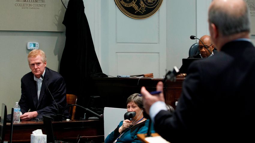 Defense attorney Jim Griffin, right, questions Alex Murdaugh, left, as he gives testimony during his murder trial at the Colleton County Courthouse in Walterboro, S.C., on Thursday, Feb. 23, 2023. The 54-year-old attorney is standing trial on two counts of murder in the shootings of his wife and son at their Colleton County, S.C., home and hunting lodge on June 7, 2021. (Grace Beahm Alford/The Post And Courier via AP, Pool)