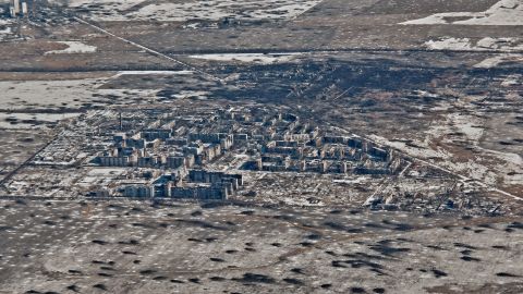 An aerial view of Vuhledar, the site of heavy battles in the Donetsk region, on February 10.