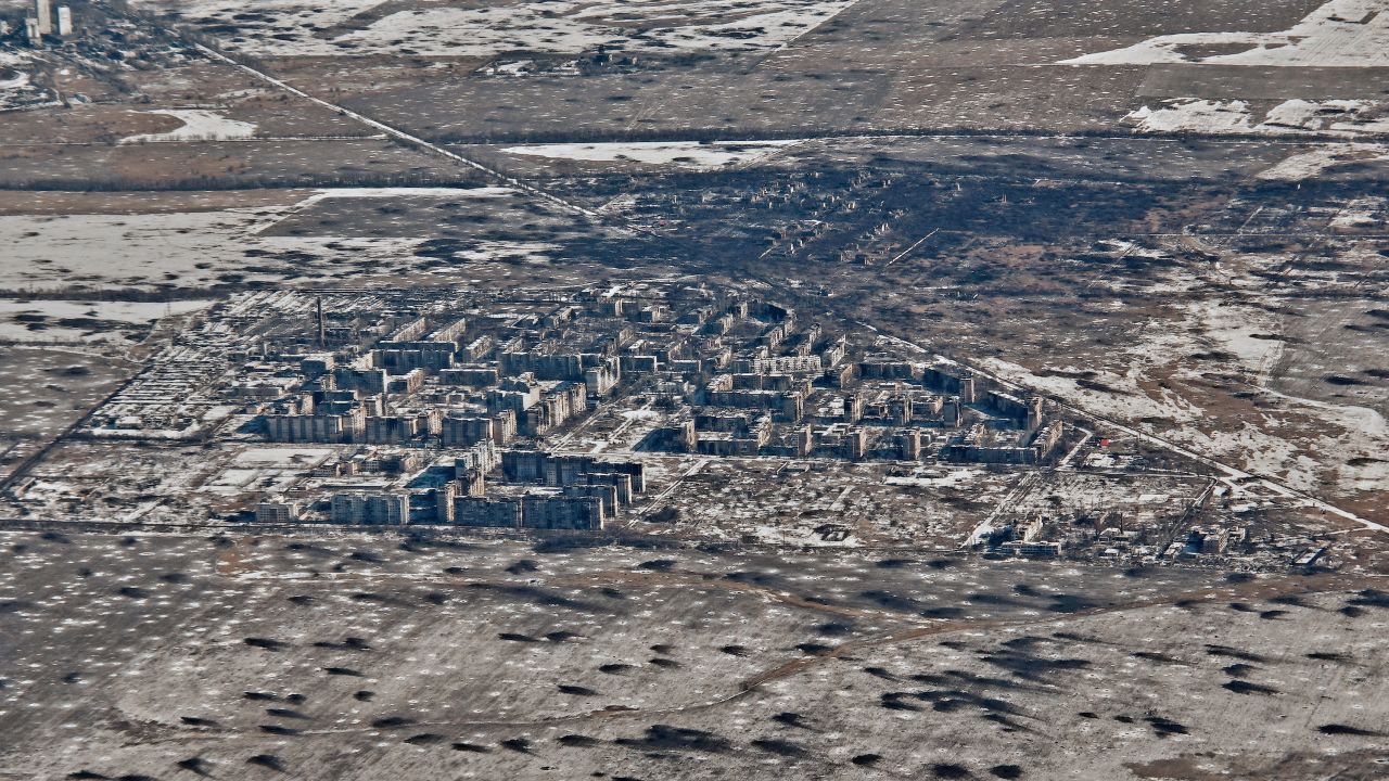 An aerial view of Vuhledar, the site of heavy battles in the Donetsk region, on February 10.