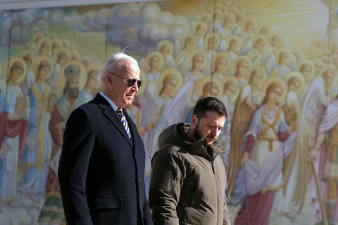 US President Joe Biden, left, walks with Ukrainian President Volodymyr Zelensky during his surprise visit to Kyiv, Ukraine, on Monday, February 20.