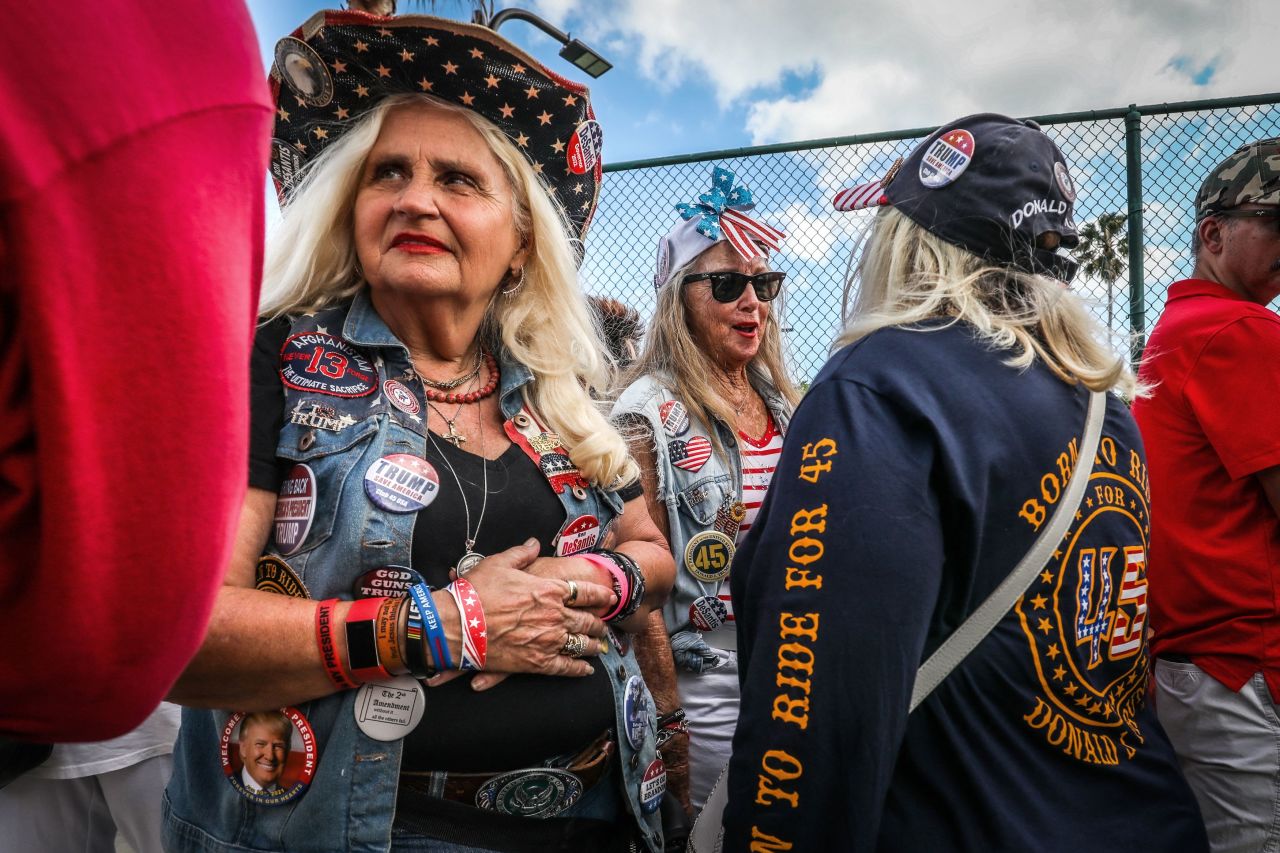 Supporters of former US President Donald Trump wait outside of Trump's Presidents Day event at the Hilton Palm Beach Airport in West Palm Beach, Florida, on Monday, February 20.