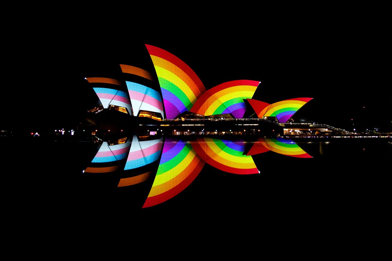 The Progress Pride Flag is projected onto the Sydney Opera House in Australia on Friday, February 17. This year's WorldPride event is taking place in Sydney through March 5.