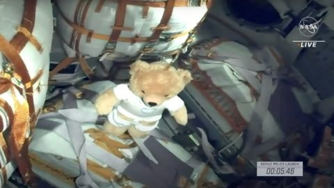 A teddy bear is strapped to the Soyuz MS-23 before it launches on Thursday, February 23, 2023. 