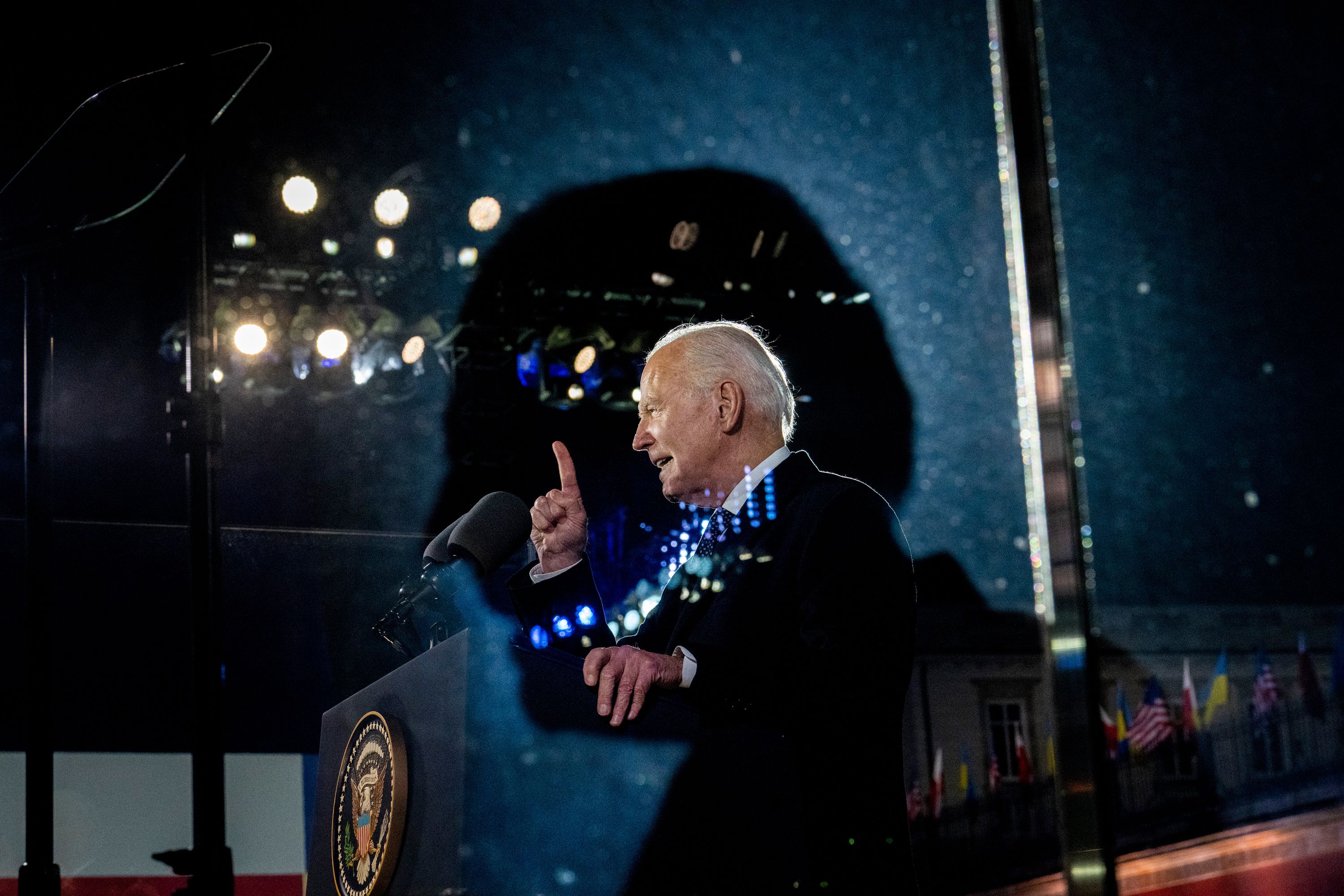 The silhouette of US President Joe Biden as he speaks in Warsaw.