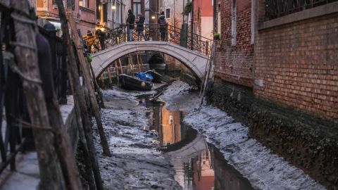 A nearly completely dry canal in Venice in early February.