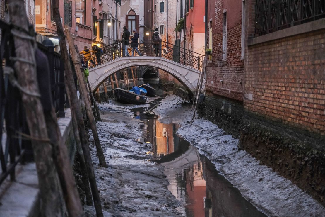 A nearly completely dry canal in Venice in early February.