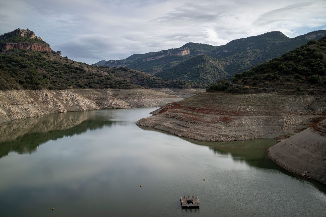 A "bathtub ring" of dirt is seen around the edge of the Siurana reservoir in Catalonia, Spain, in November 2022.