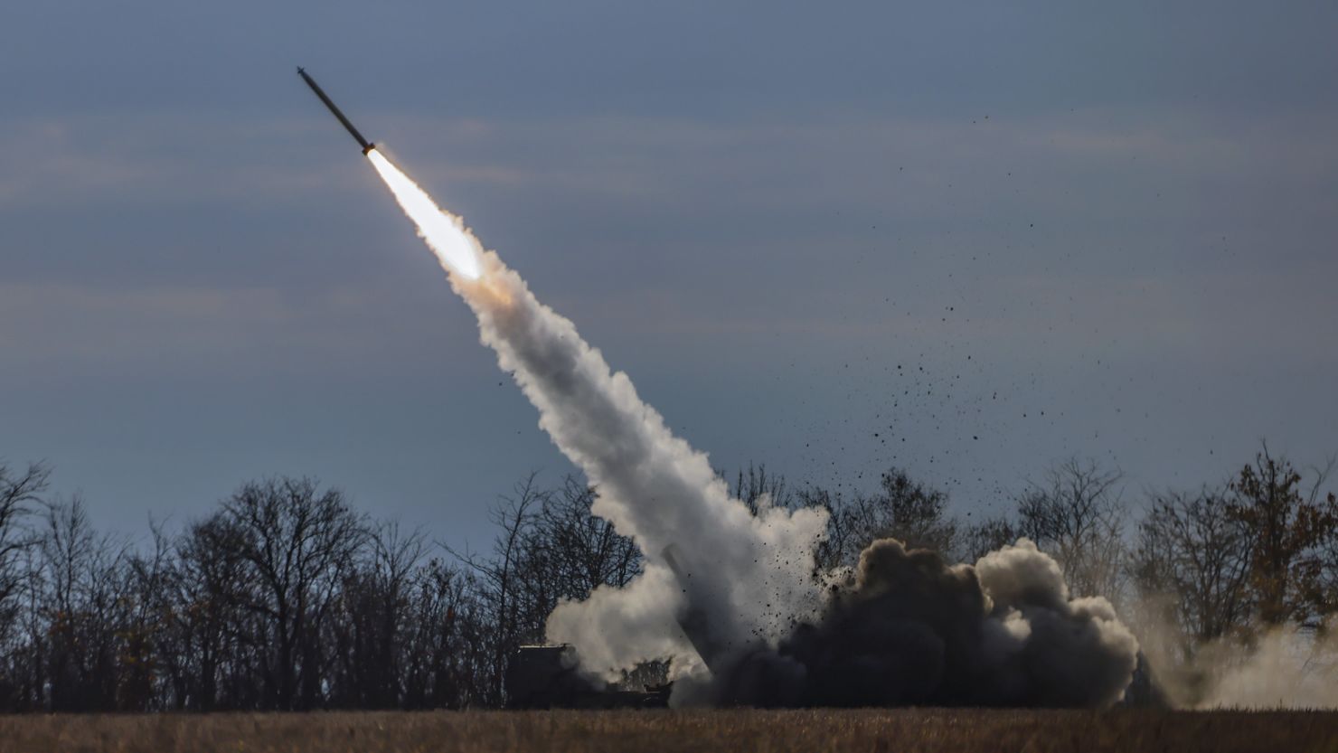 A High Mobility Artillery Rocket System (HIMARS) of the Ukrainian army is fired close to the front line in the northern Kherson region of Ukraine on November 5.