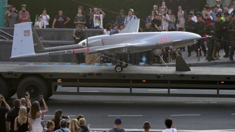 A Turkish-made Bayraktar TB2 drone at a rehearsal for a military parade dedicated to Independence Day in Kyiv, Ukraine, on Aug. 20, 2021.